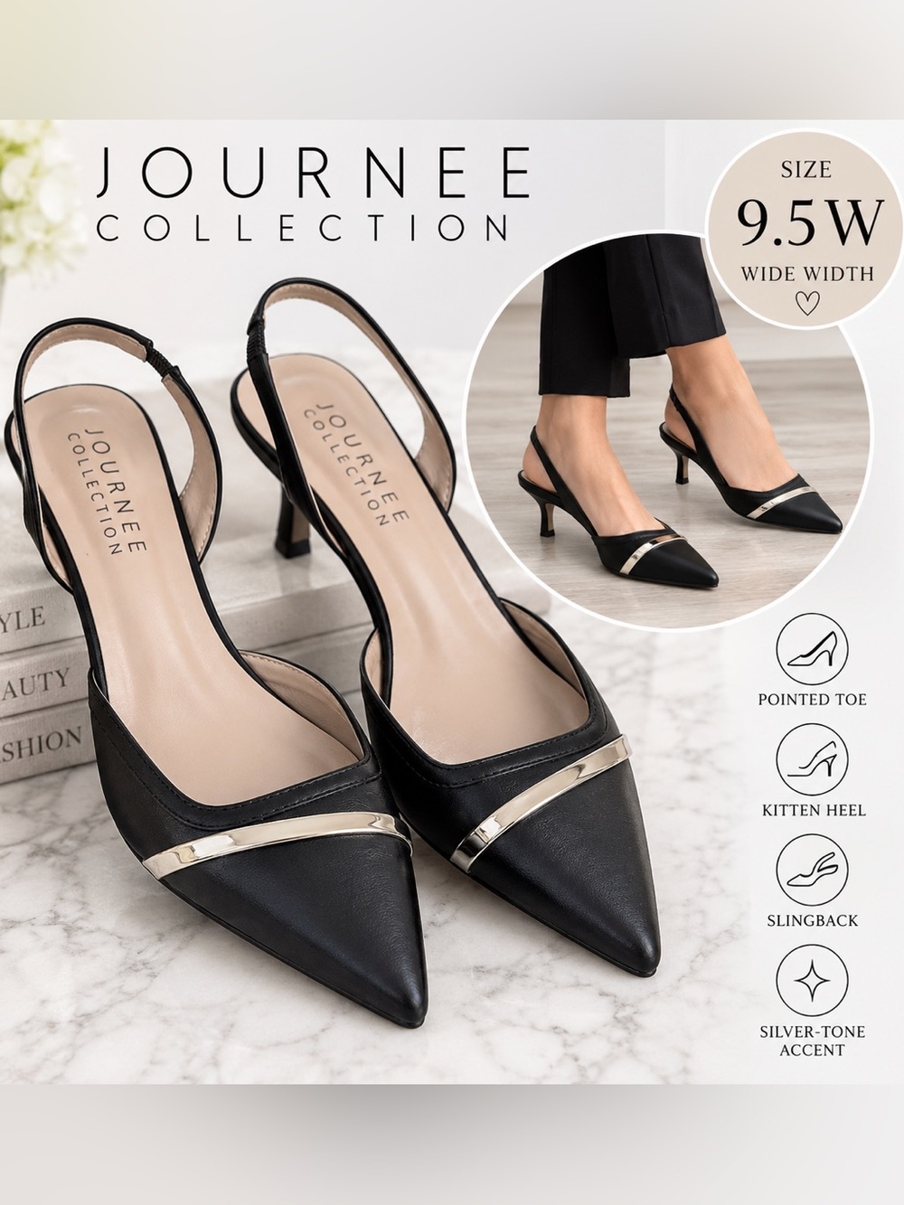 Journee Collection Black Pointed Slingback Kitten Heels with Silver Trim 9.5W